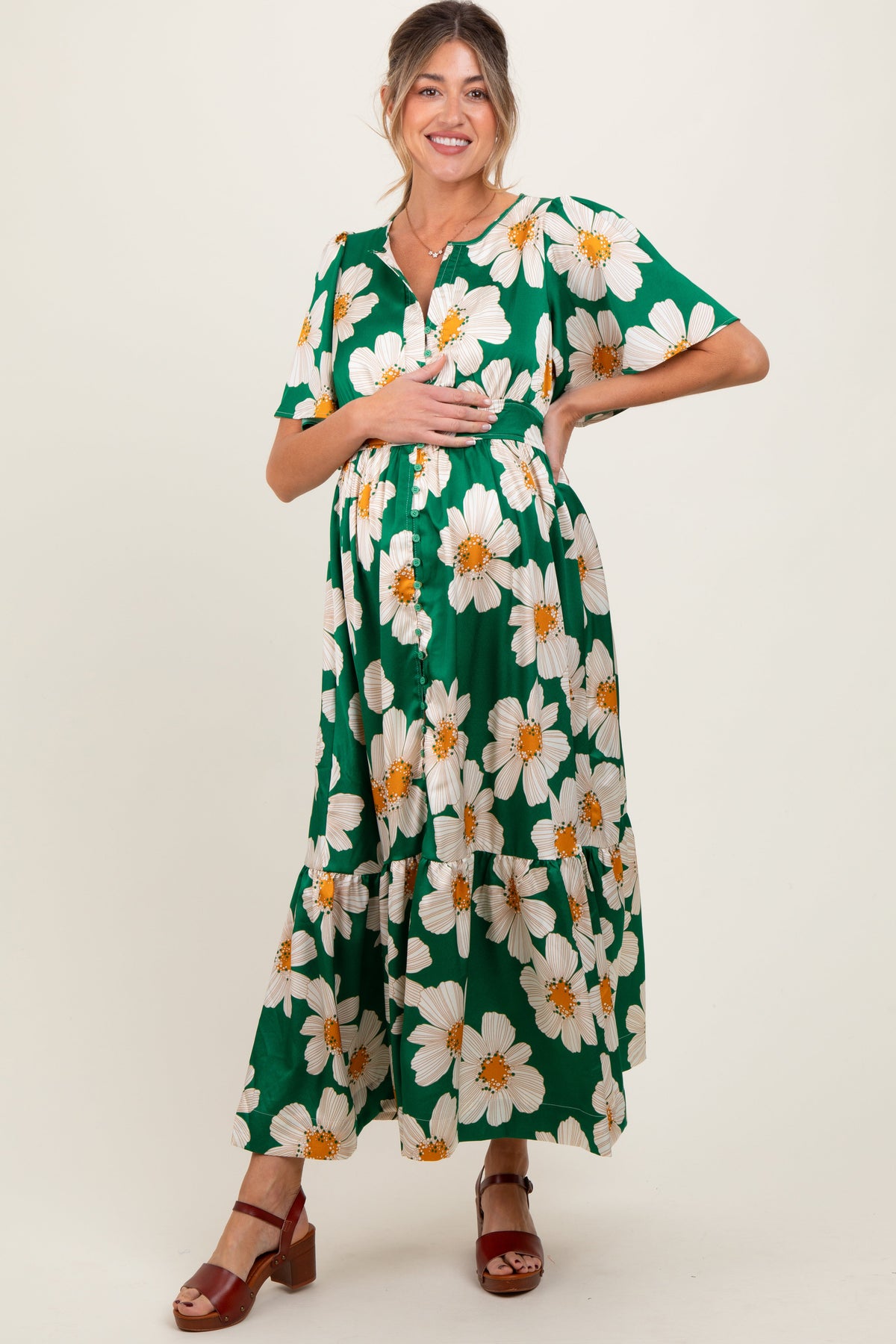 Emerald Notched Collar Floral Button Down Maternity Maxi Dress