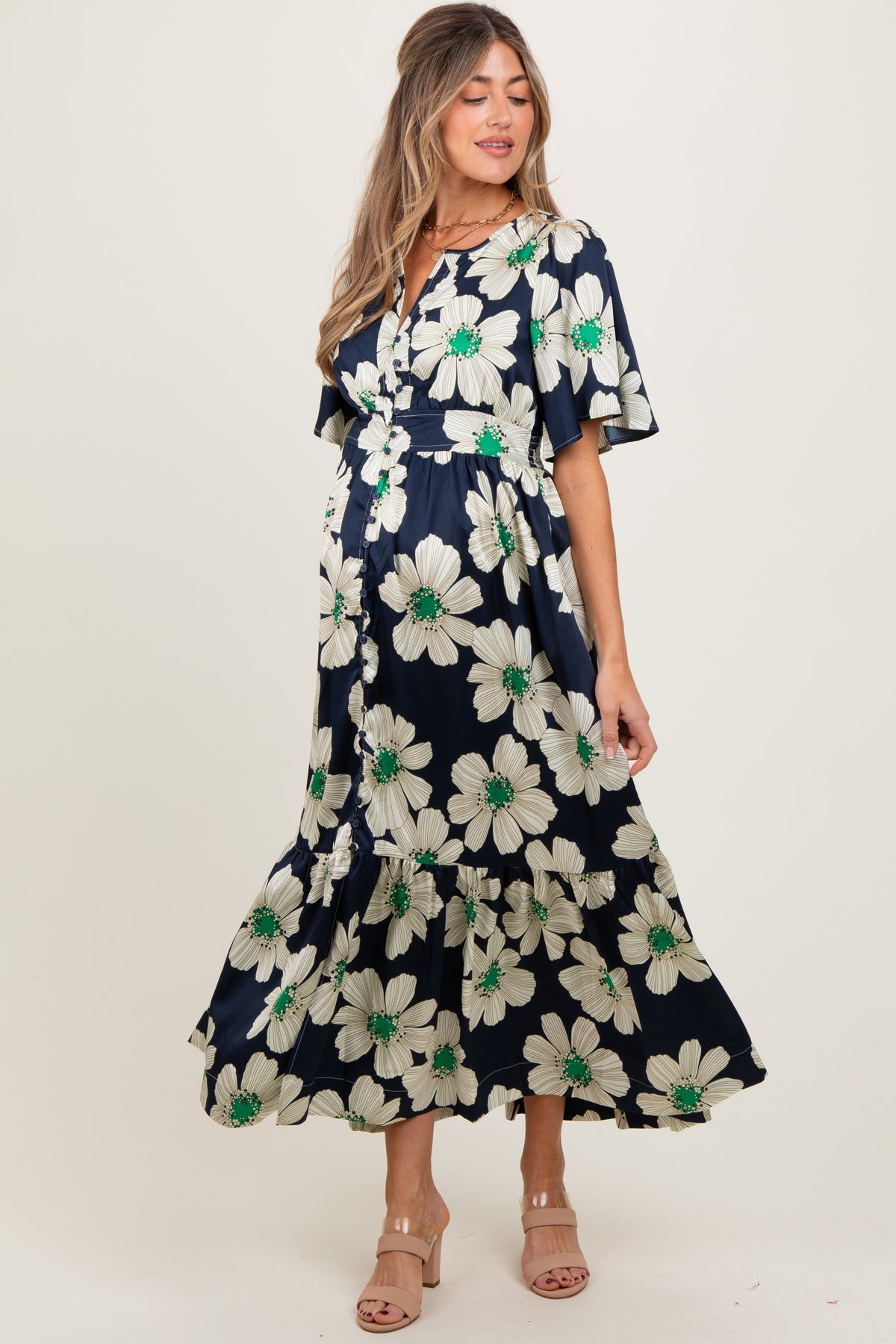 Navy Notched Collar Floral Button Down Maternity Maxi Dress