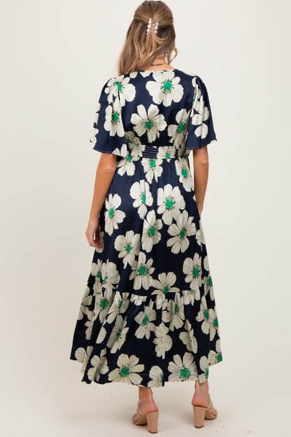 Navy Notched Collar Floral Button Down Maternity Maxi Dress