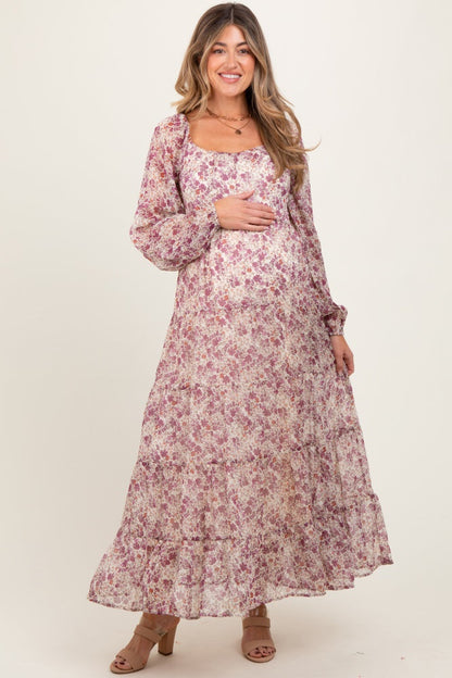 Mauve Floral Floral Chiffon Maternity Maxi Dress