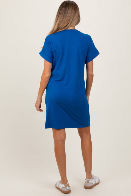 Royal Blue Brushed Rolled Short Sleeve V-Neck Maternity Dress