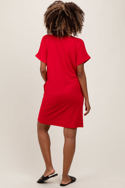 Red Brushed Rolled Short Sleeve V-Neck Maternity Dress