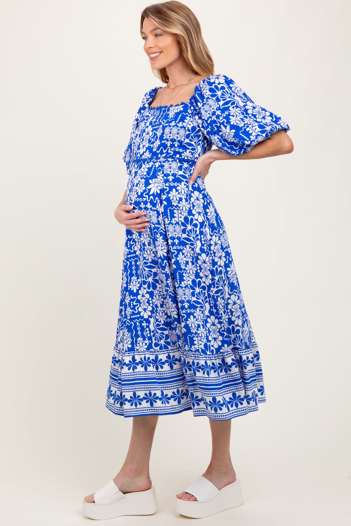 Blue Floral Scallop Trim Maternity Midi Dress