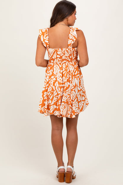 Orange Printed Smocked Ruffle Strap Maternity Dress