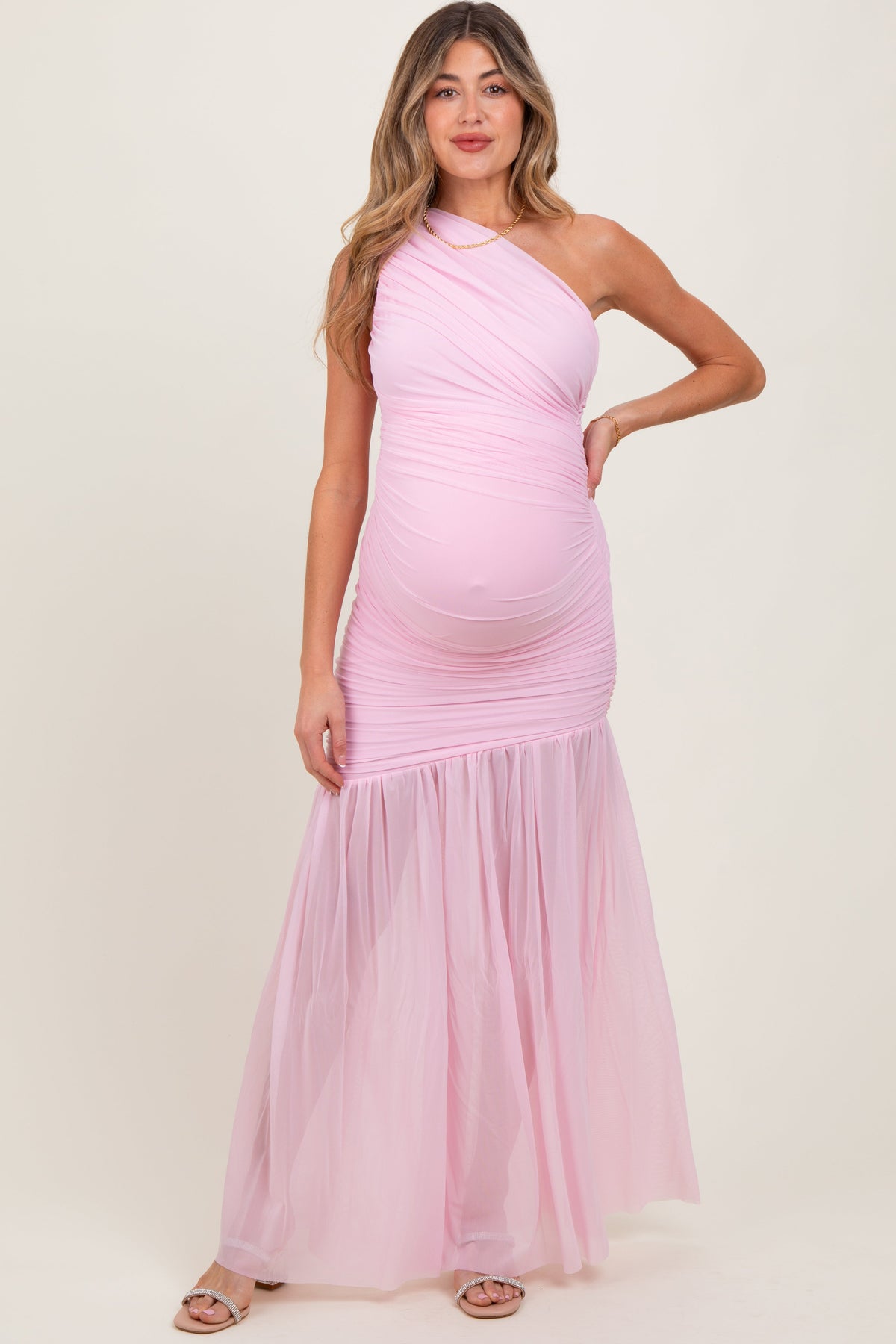 Light Pink Ruched Mesh One Shoulder Maternity Maxi Dress