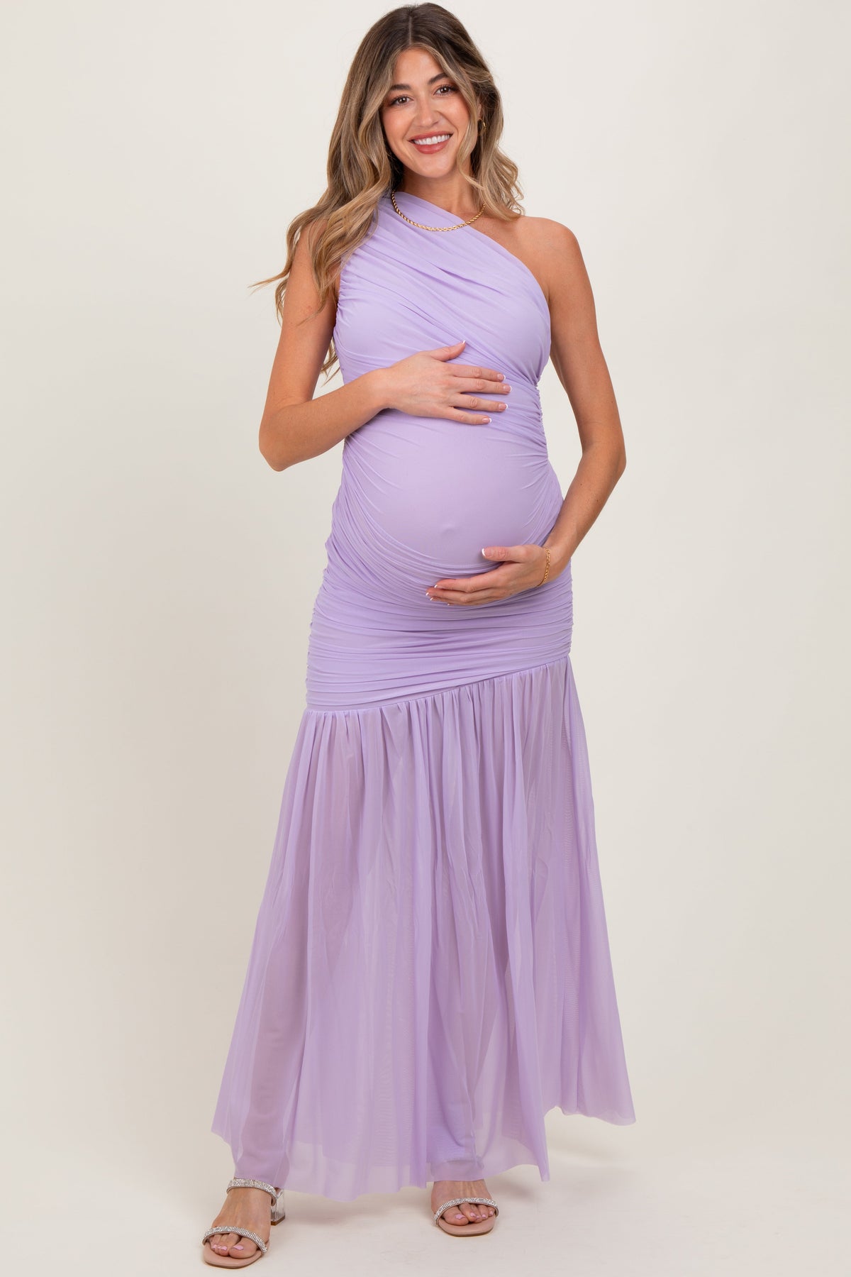Lavender Ruched Mesh One Shoulder Maternity Maxi Dress