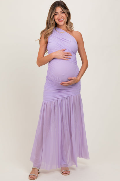 Lavender Ruched Mesh One Shoulder Maternity Maxi Dress