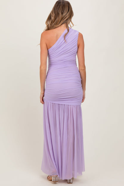 Lavender Ruched Mesh One Shoulder Maternity Maxi Dress