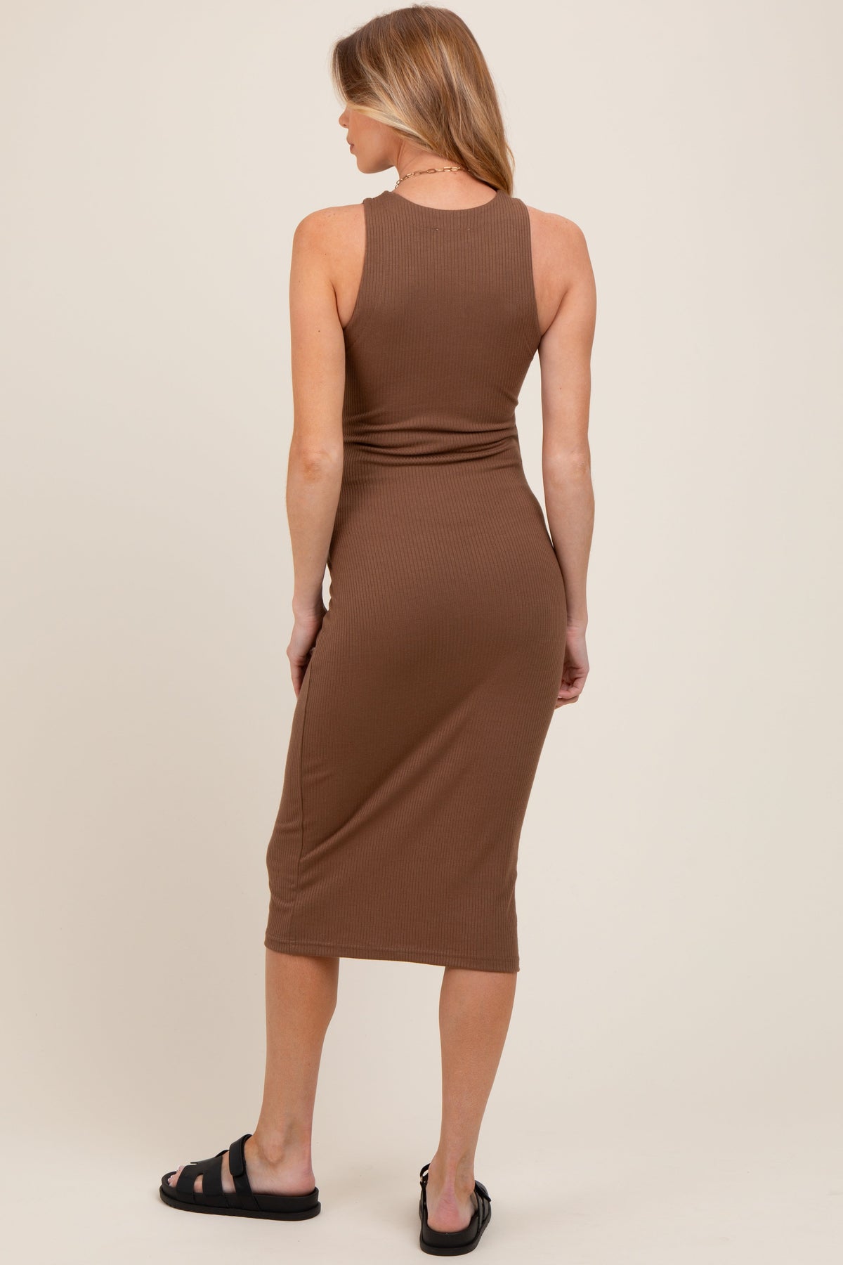 Brown Sleeveless Ribbed Knit Maternity Midi Dress