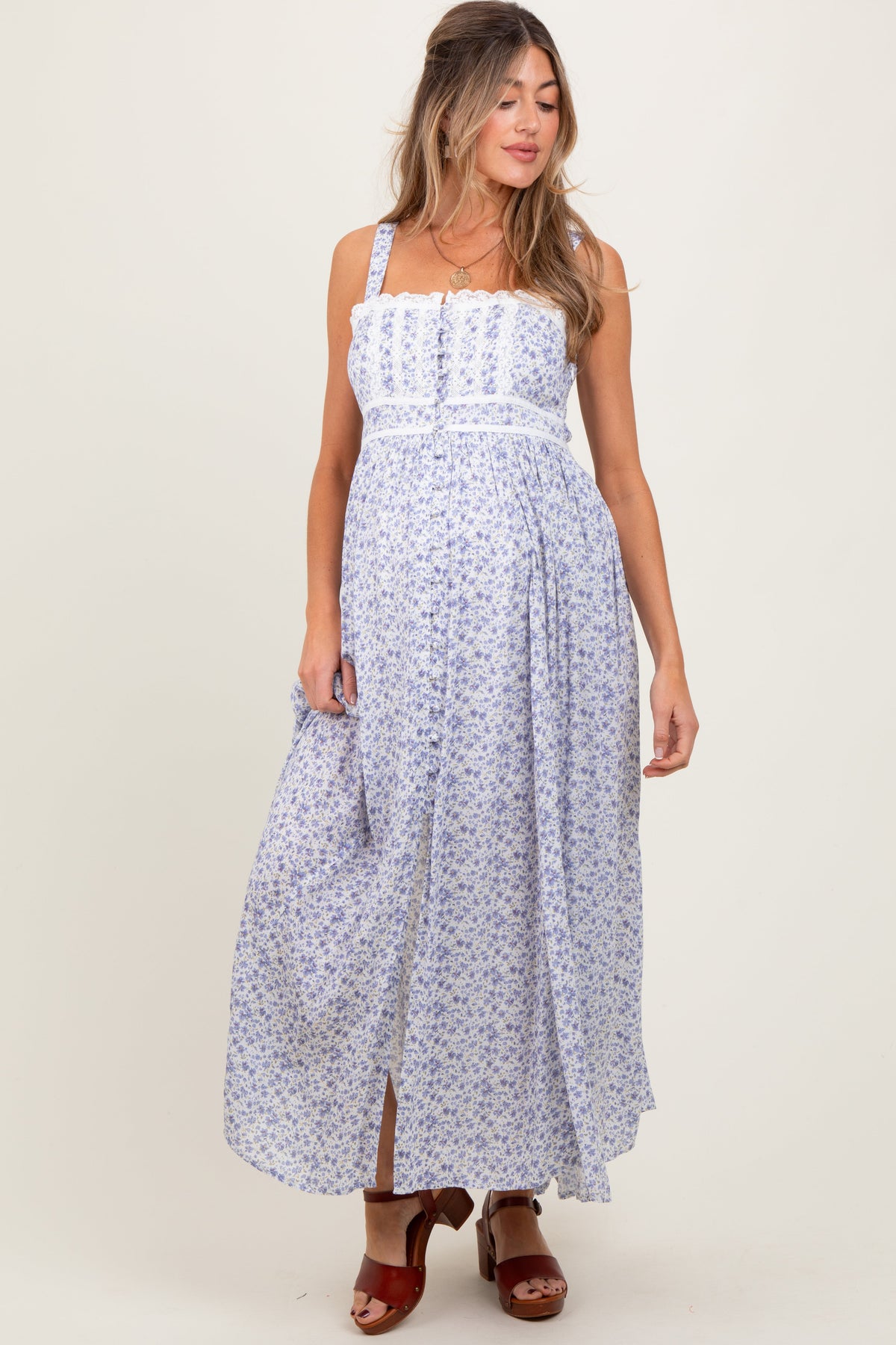Light Blue Floral Button Down Sleeveless Maternity Maxi Dress
