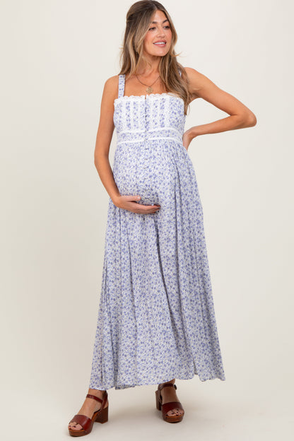 Light Blue Floral Button Down Sleeveless Maternity Maxi Dress