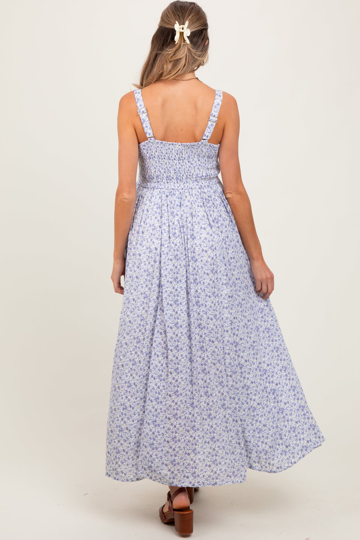 Light Blue Floral Button Down Sleeveless Maternity Maxi Dress