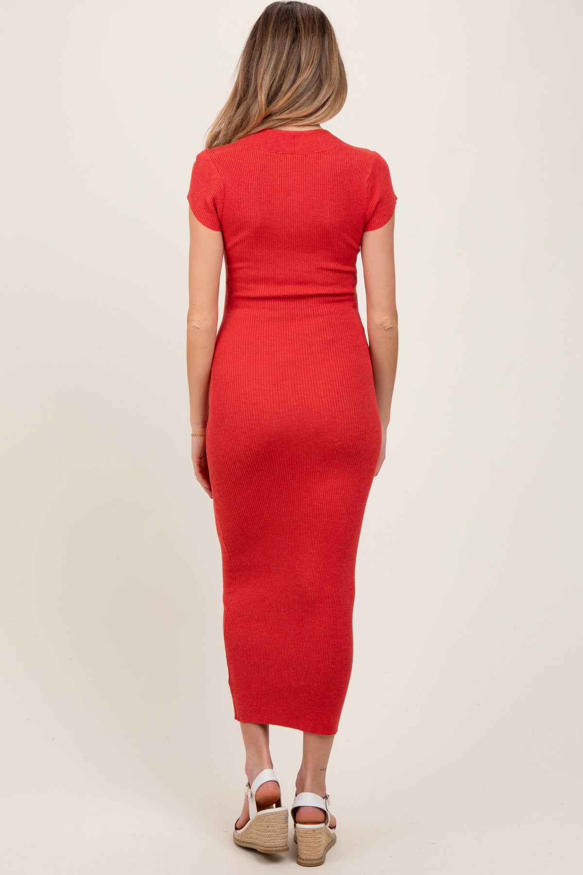Coral Knit Square Neck Fitted Maternity Midi Dress