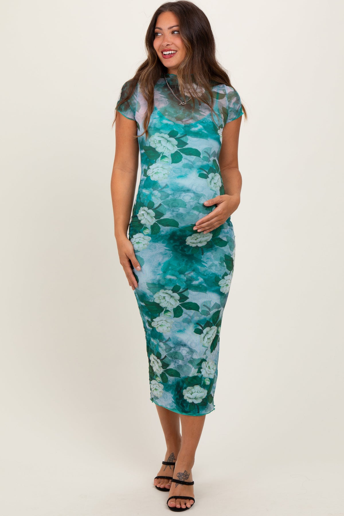 Green Floral Mesh Overlay Fitted Maternity Maxi Dress