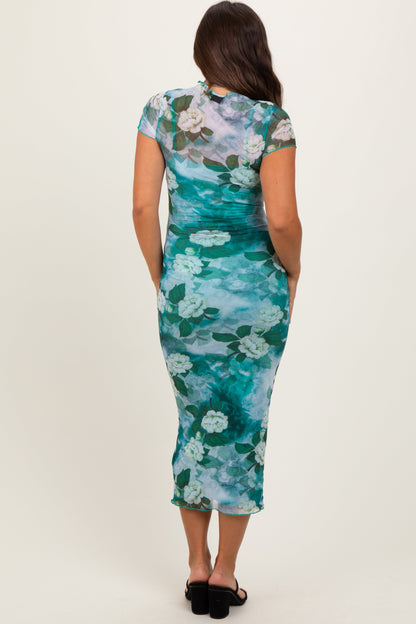 Green Floral Mesh Overlay Fitted Maternity Maxi Dress