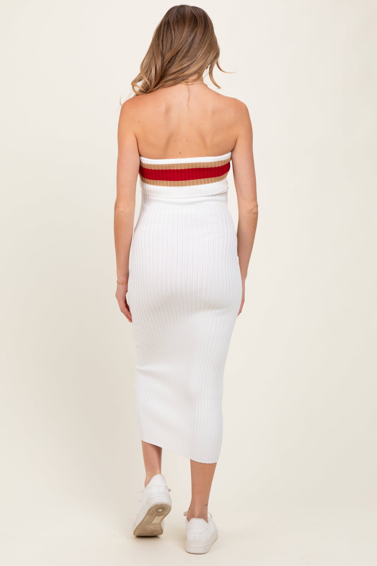 Ivory Ribbed Knit Striped Strapless Fitted Maternity Midi Dress