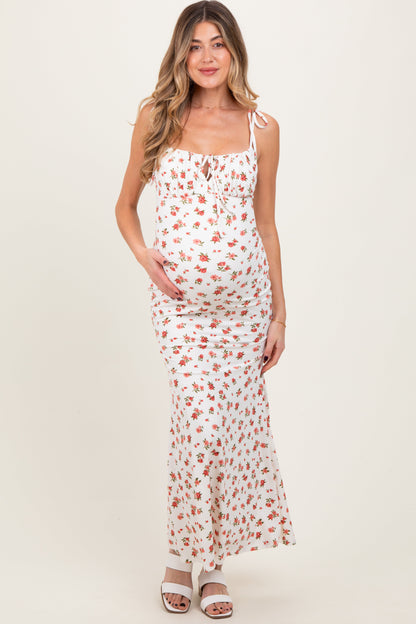 Red Ribbed Floral Shoulder Tie Maternity Maxi Dress