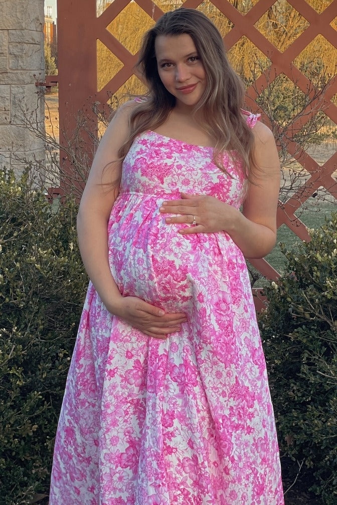 Pink Leaf Print Sleeveless Open Back Smocked Maternity Maxi Dress