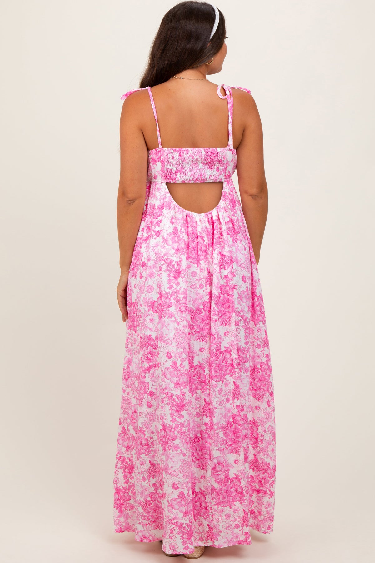 Pink Leaf Print Sleeveless Open Back Smocked Maternity Maxi Dress