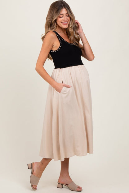 Black Ribbed Top Contrast Sleeveless Maternity Midi Dress
