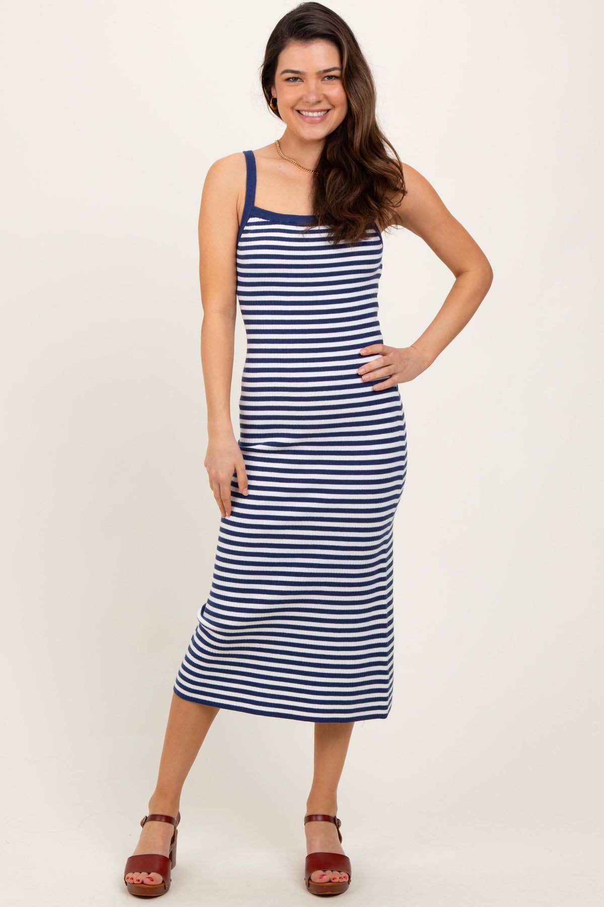 Navy Striped Knit Sleeveless Maternity Midi Dress