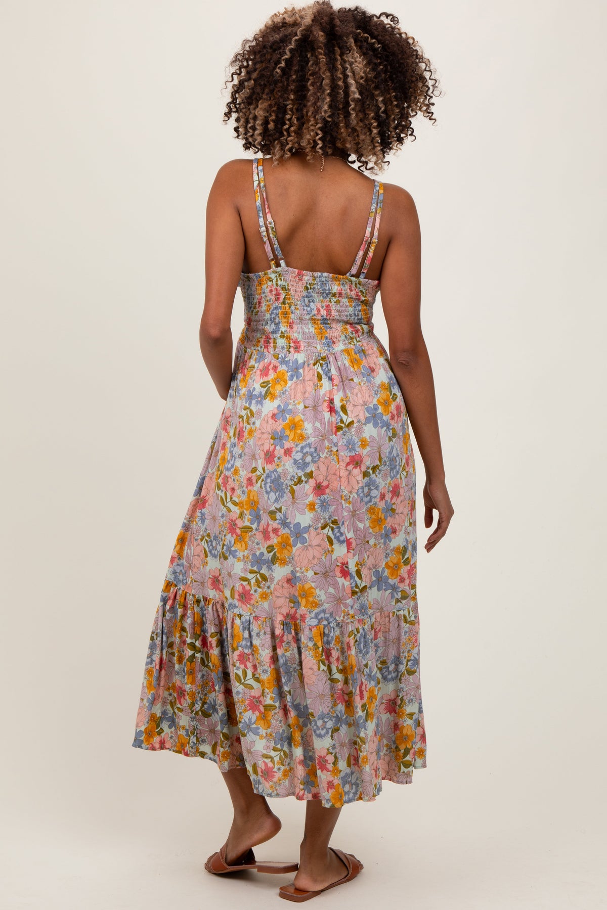 Muticolor Floral Double Strap Lace Trim Maternity Midi Dress