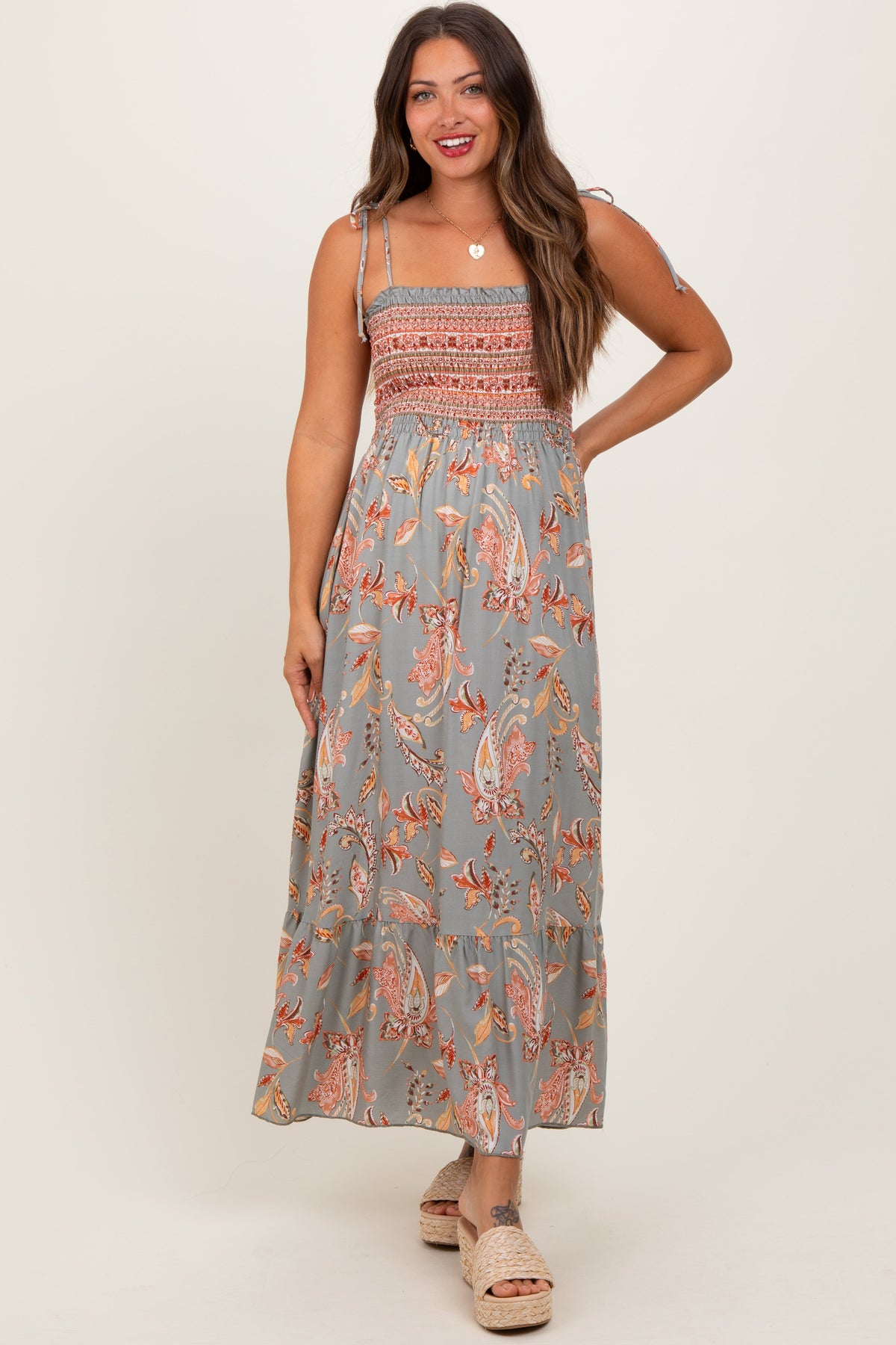 Olive Paisley Shoulder Tie Smocked Maternity Maxi Dress