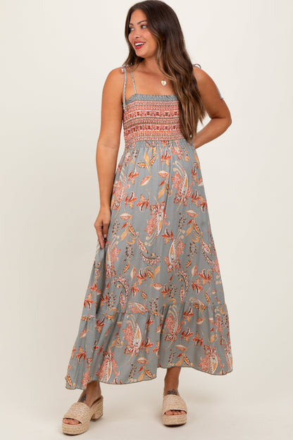 Olive Paisley Shoulder Tie Smocked Maternity Maxi Dress