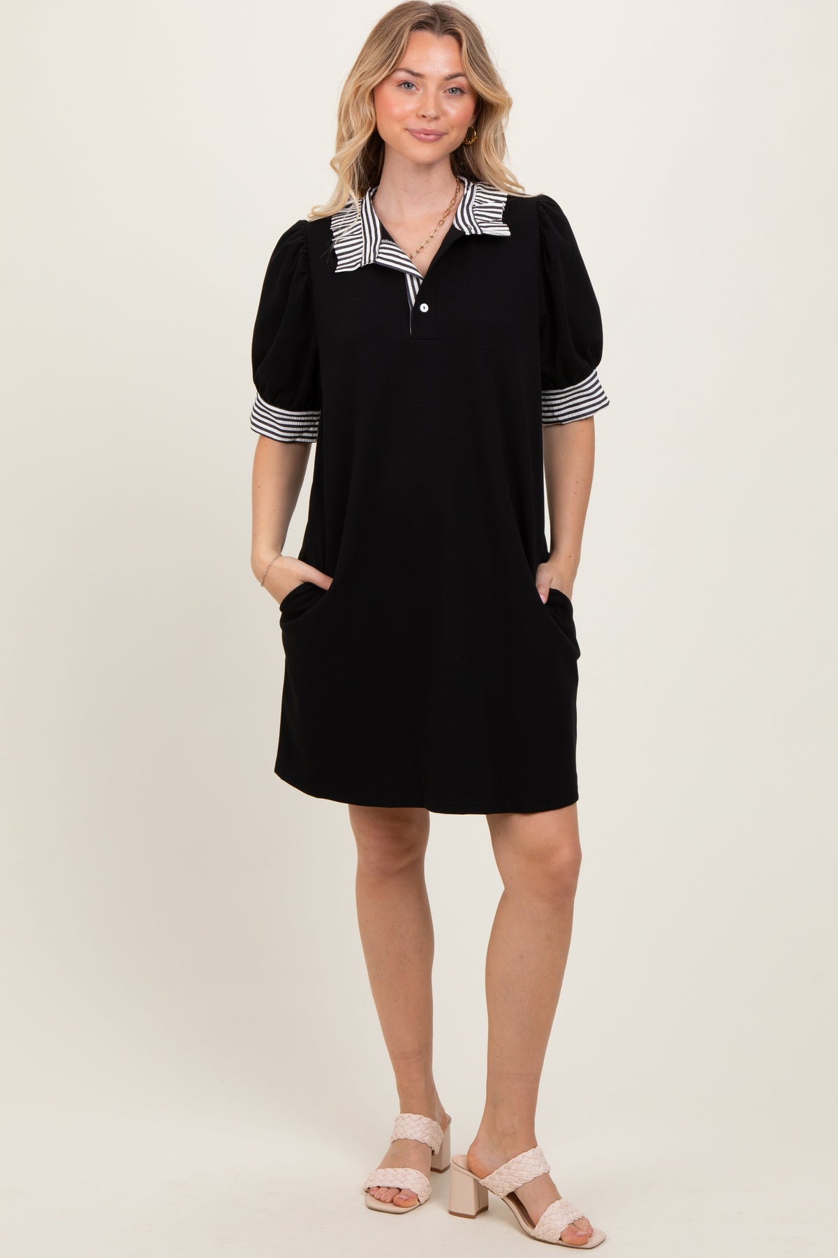 Black Mock Neck Contrast Striped Trim Maternity Mini Dress