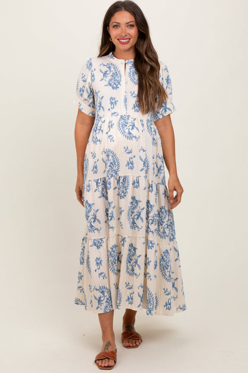 Blue Paisley Button Up Tiered Maternity Maxi Dress