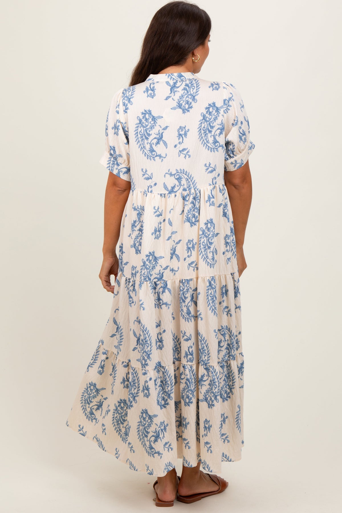 Blue Paisley Button Up Tiered Maternity Maxi Dress