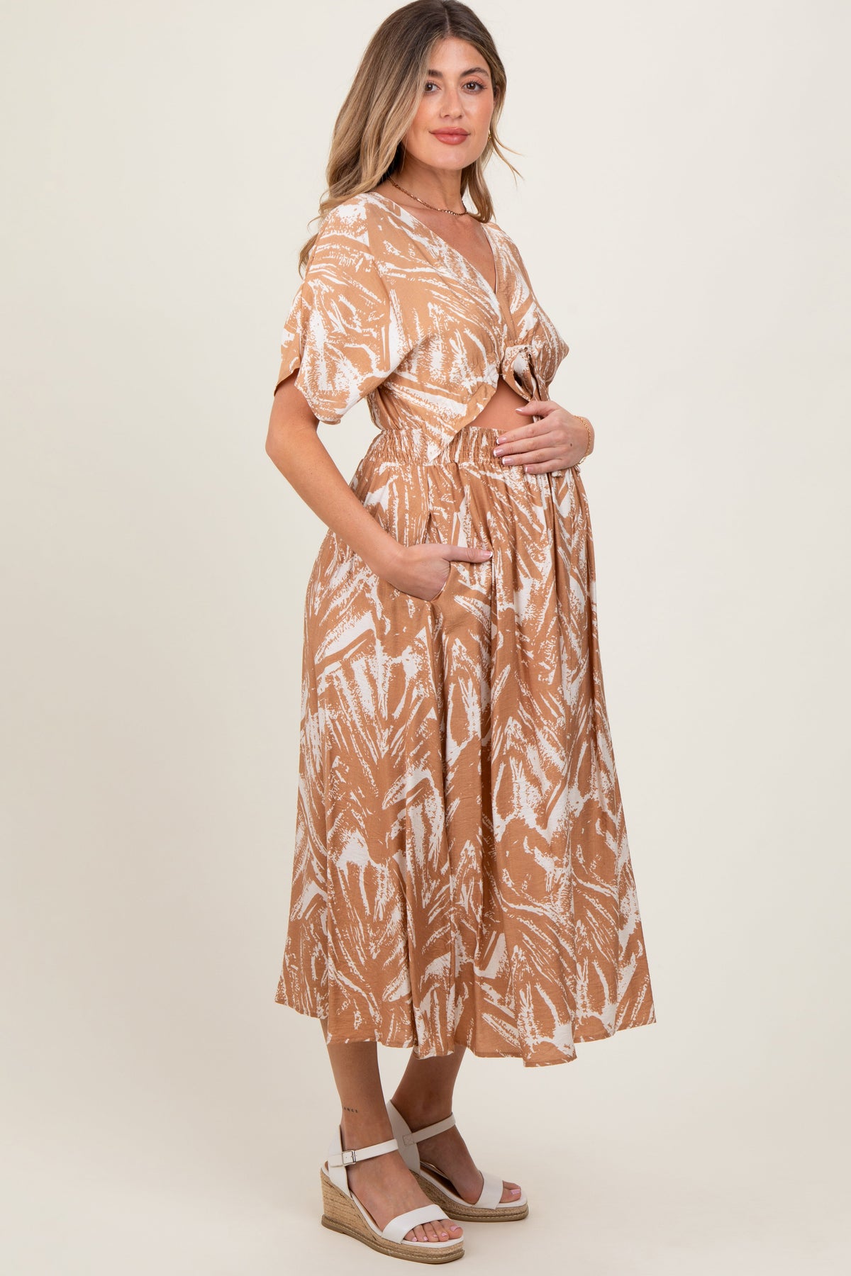 Camel Brushstroke Print Cutout Maternity Midi Dress