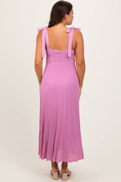 Mauve Textured Knit Shoulder Tie Maternity Midi Dress