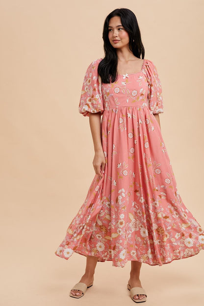 Pink Floral Print Puff Sleeve Maternity Maxi Dress