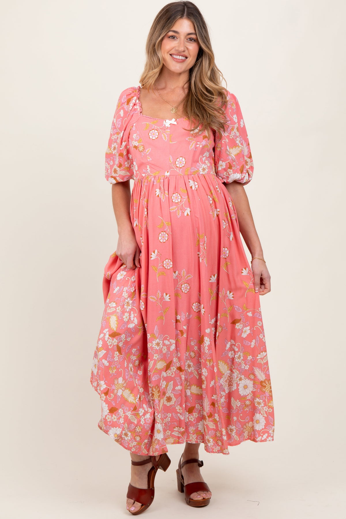 Pink Floral Print Puff Sleeve Maternity Maxi Dress