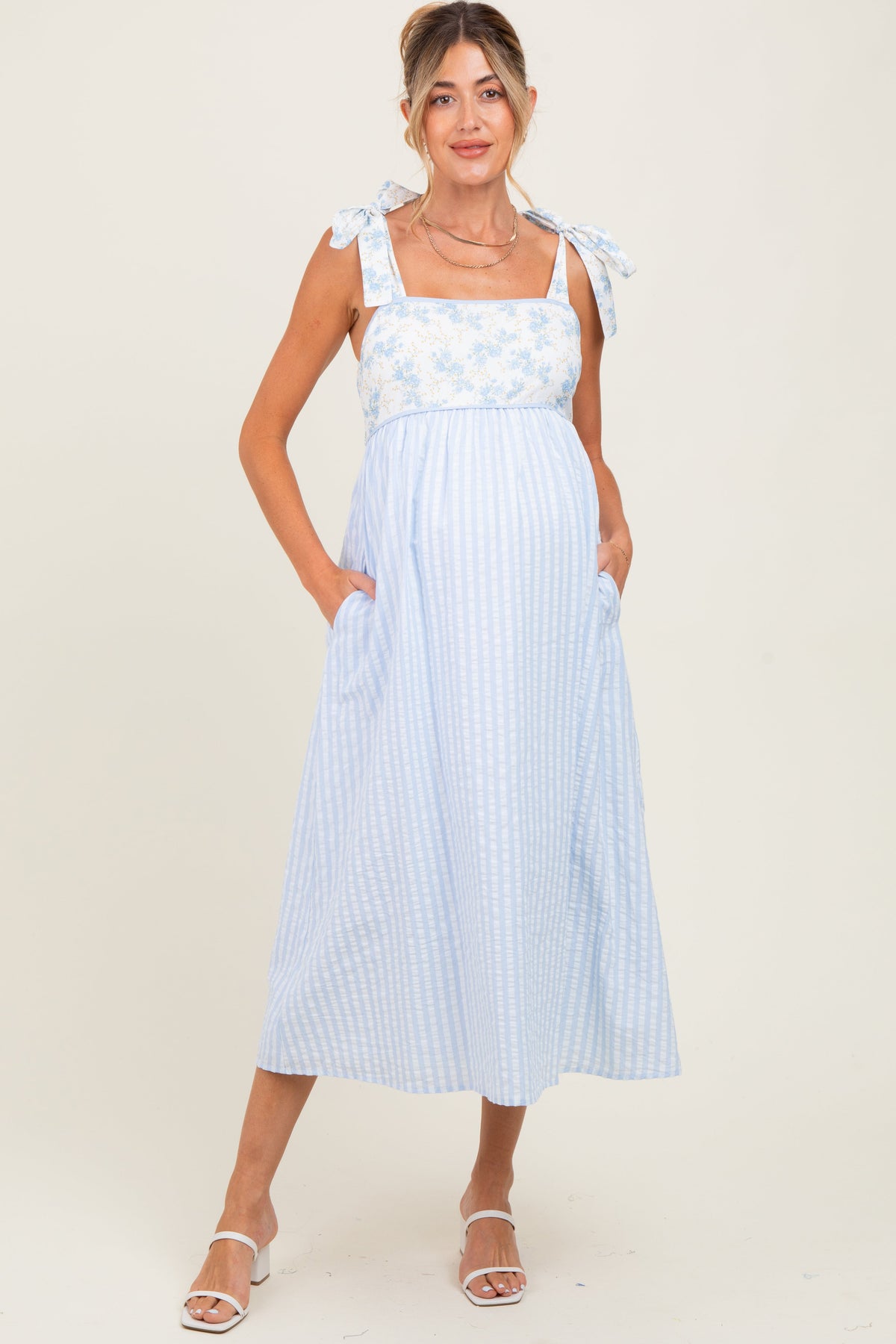 Light Blue Floral Contrast Stripe Shoulder Tie Maternity Midi Dress