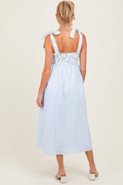 Light Blue Floral Contrast Stripe Shoulder Tie Maternity Midi Dress
