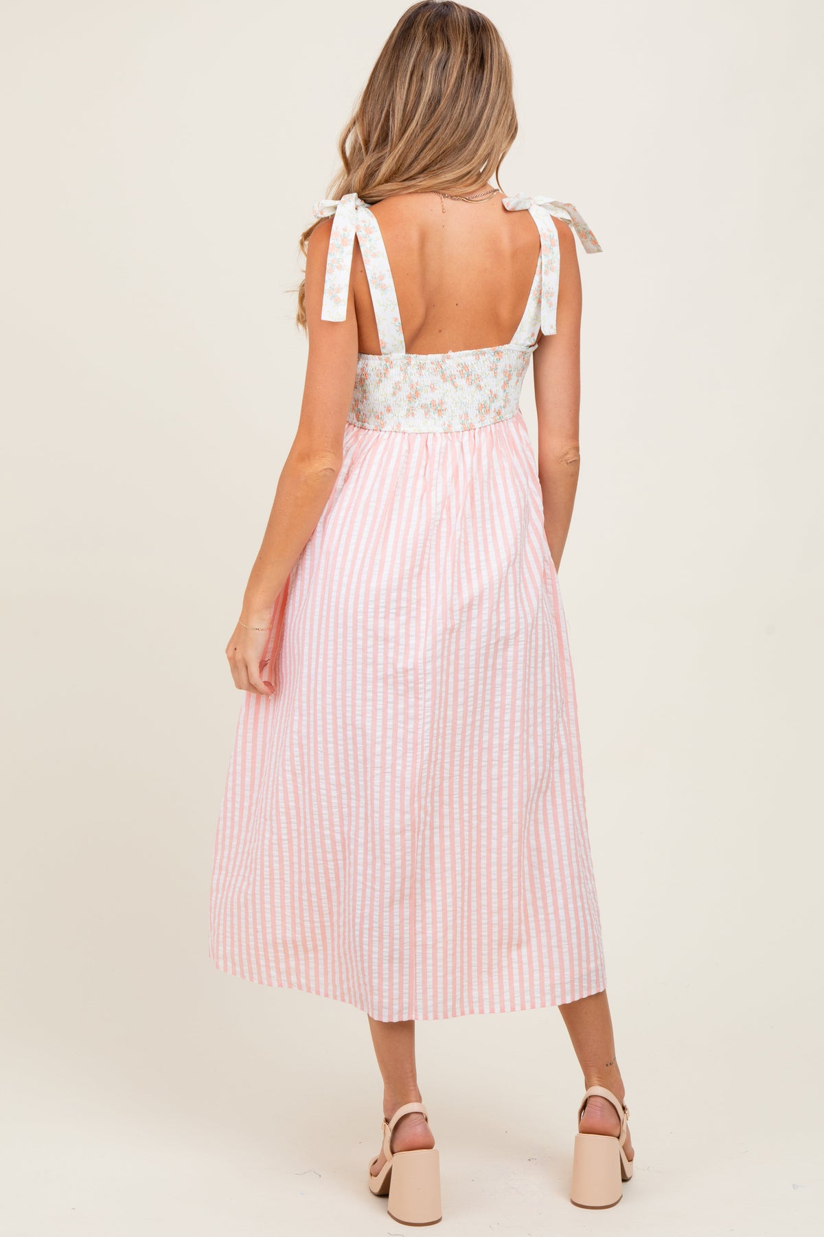 Peach Floral Contrast Stripe Shoulder Tie Maternity Midi Dress
