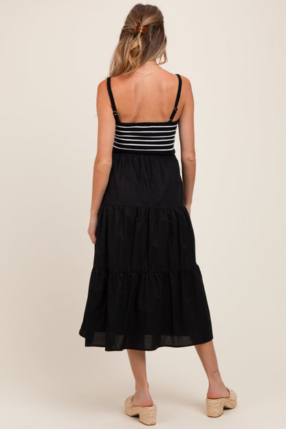 Black Striped Knit Top Tiered Maternity Midi Dress