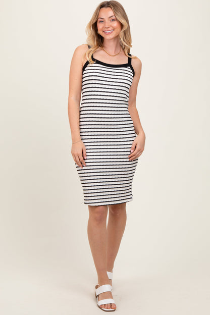 Cream/Black Striped Sleeveless Maternity Bodycon Knit Dress
