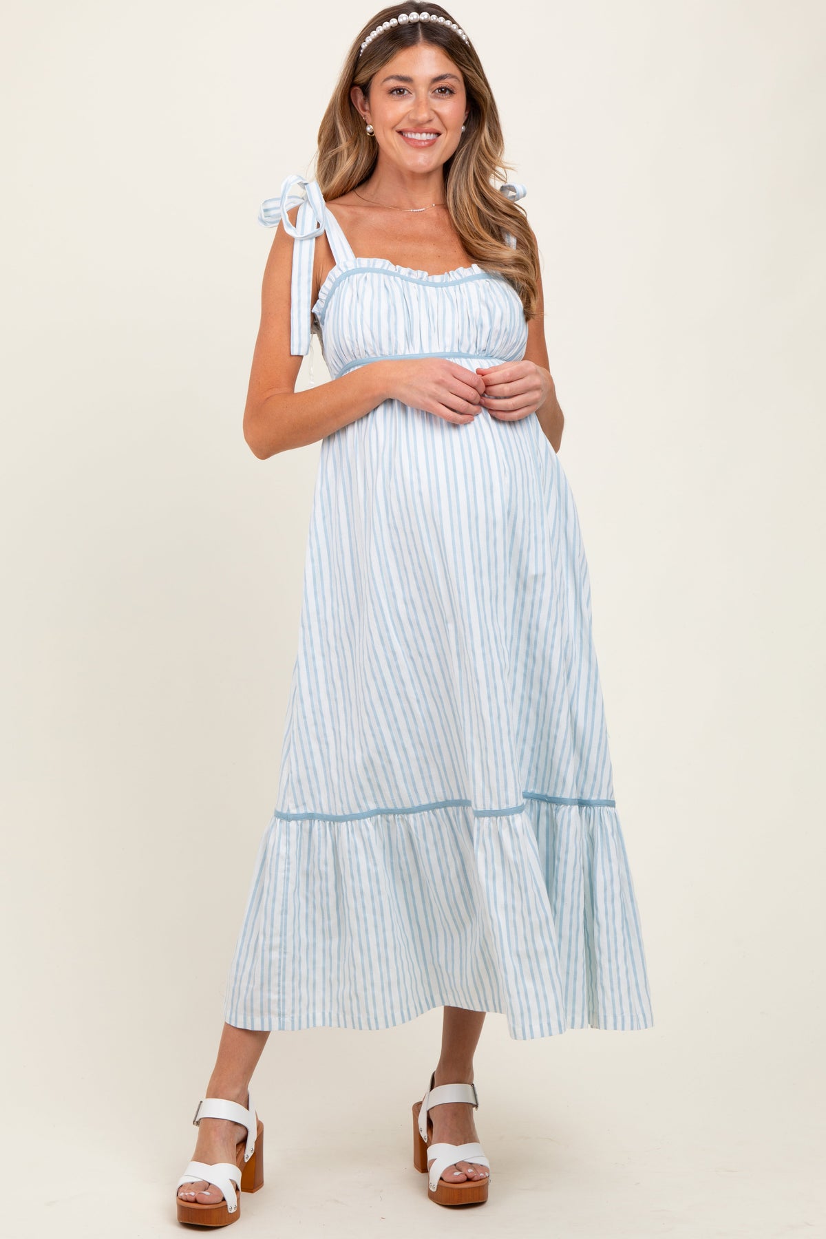 Ivory Striped Bow-Tie Maternity Maxi Dress