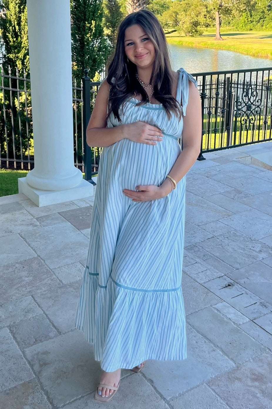 Ivory Striped Bow-Tie Maternity Maxi Dress