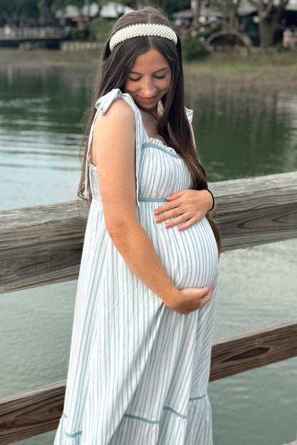 Ivory Striped Bow-Tie Maternity Maxi Dress