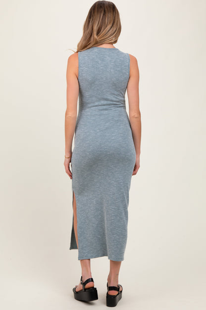 Teal Solid Ribbed Sleeveless Slit Maternity Maxi Dress