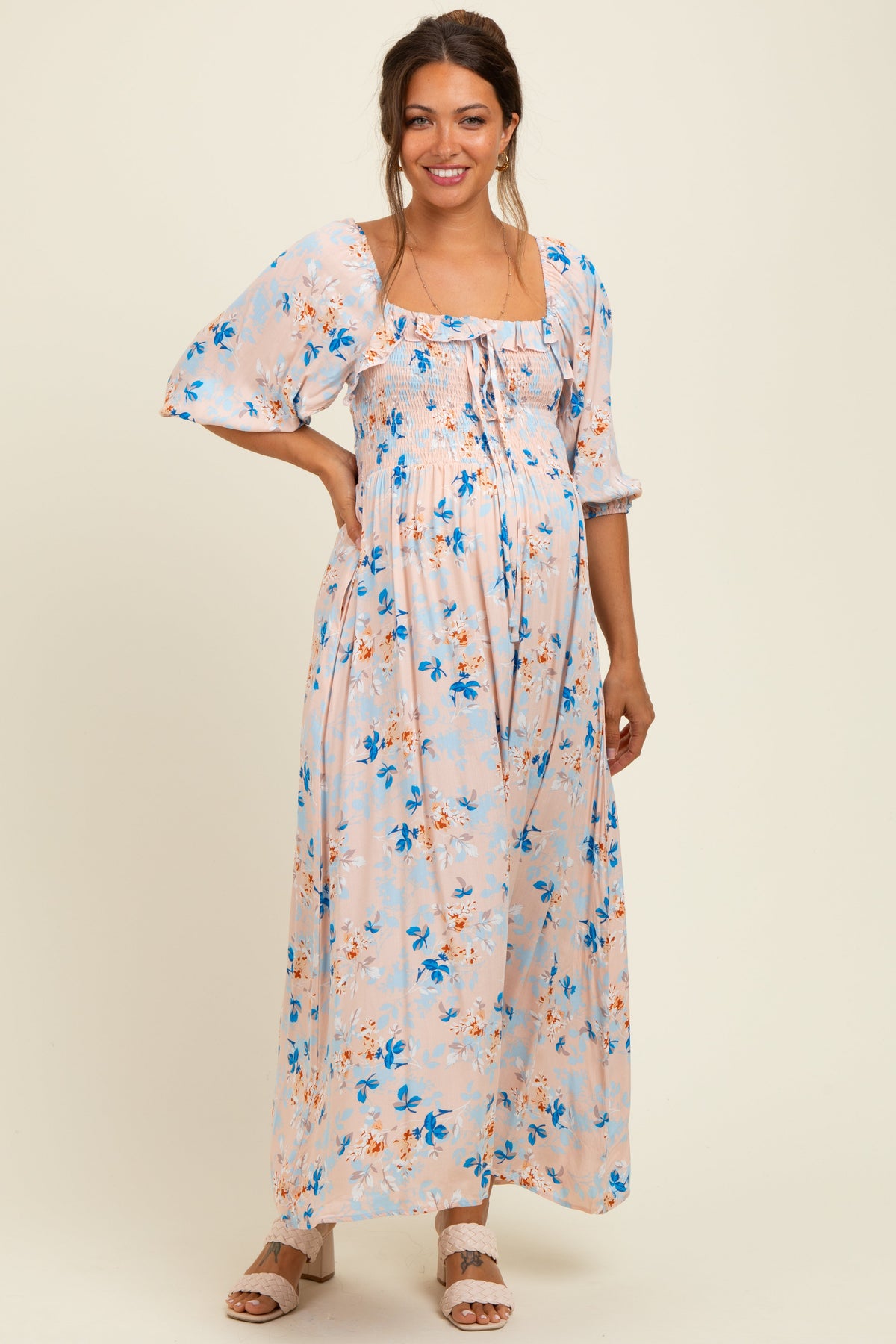 Peach Floral Smocked Front Tie Maternity Maxi Dress