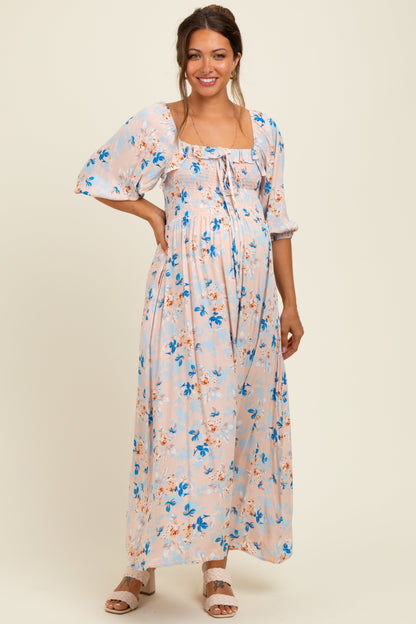 Peach Floral Smocked Front Tie Maternity Maxi Dress