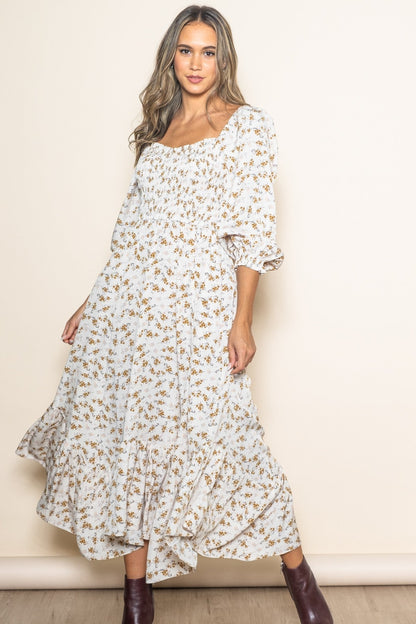 Ivory Floral Smocked Handkerchief Hem Maternity Maxi Dress