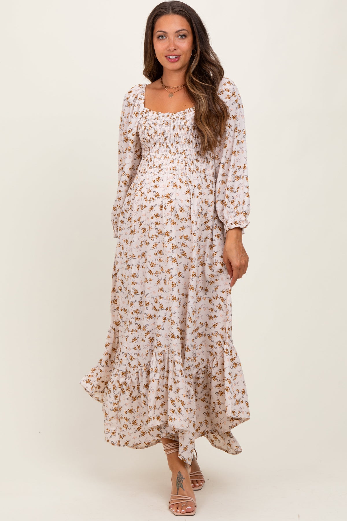 Ivory Floral Smocked Handkerchief Hem Maternity Maxi Dress