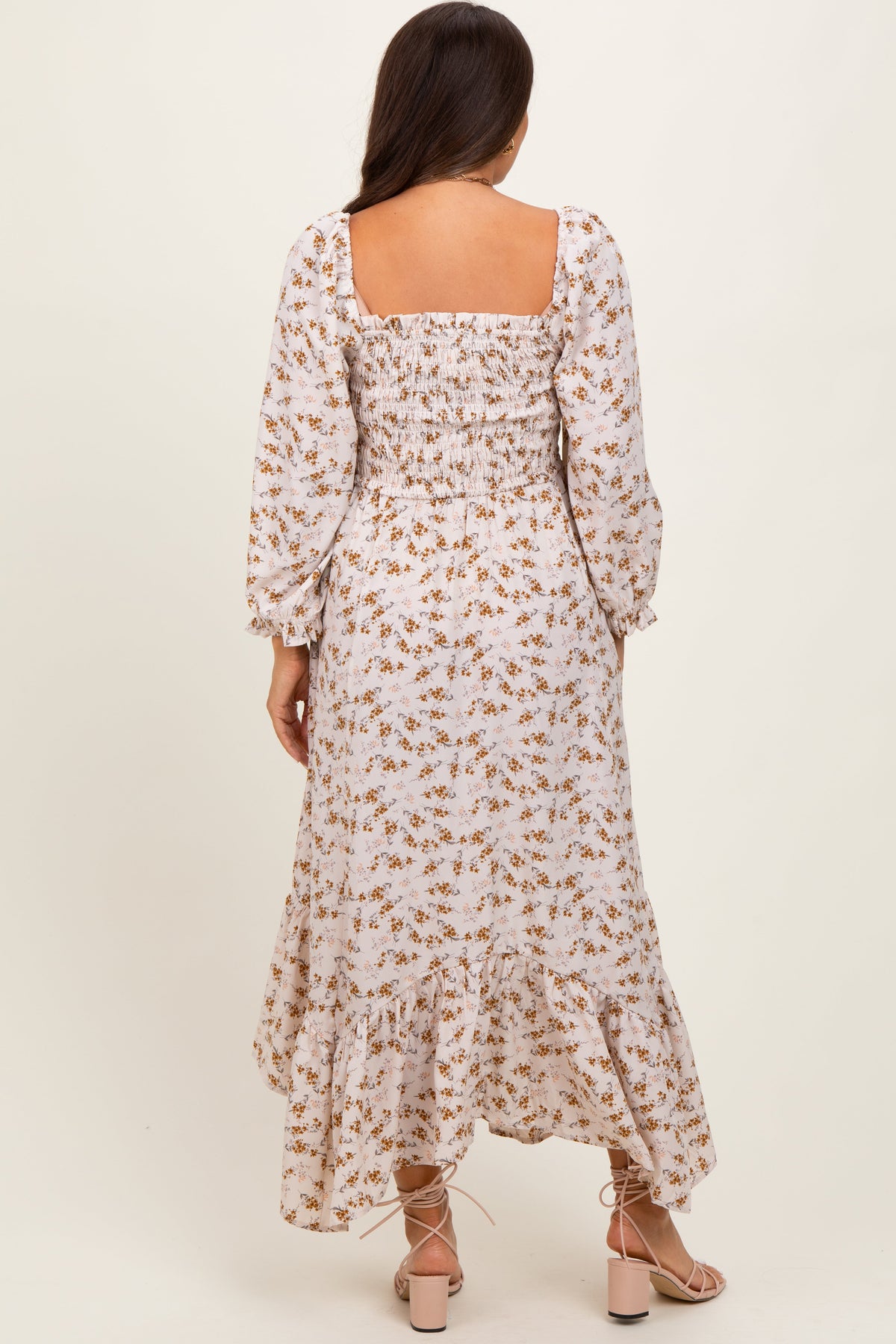 Ivory Floral Smocked Handkerchief Hem Maternity Maxi Dress