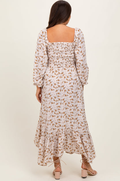 Ivory Floral Smocked Handkerchief Hem Maternity Maxi Dress